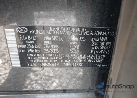 2022 Hyundai Santa Fe Xrt из США, поврежденный, VIN 5NMS64AJ2NH434580